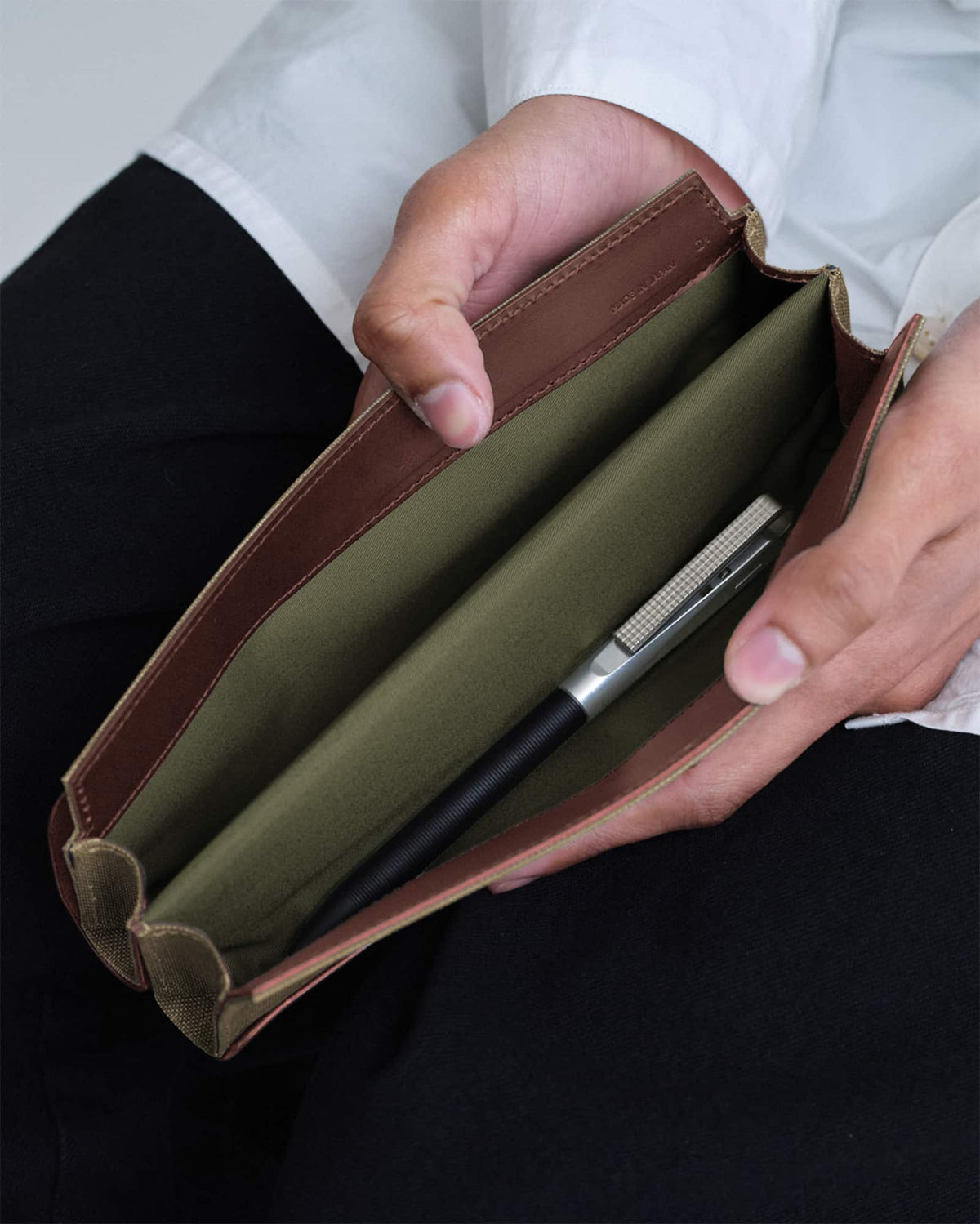 Postalco Tool Box Leather Pen Case - Olive Green - Made in Japan open