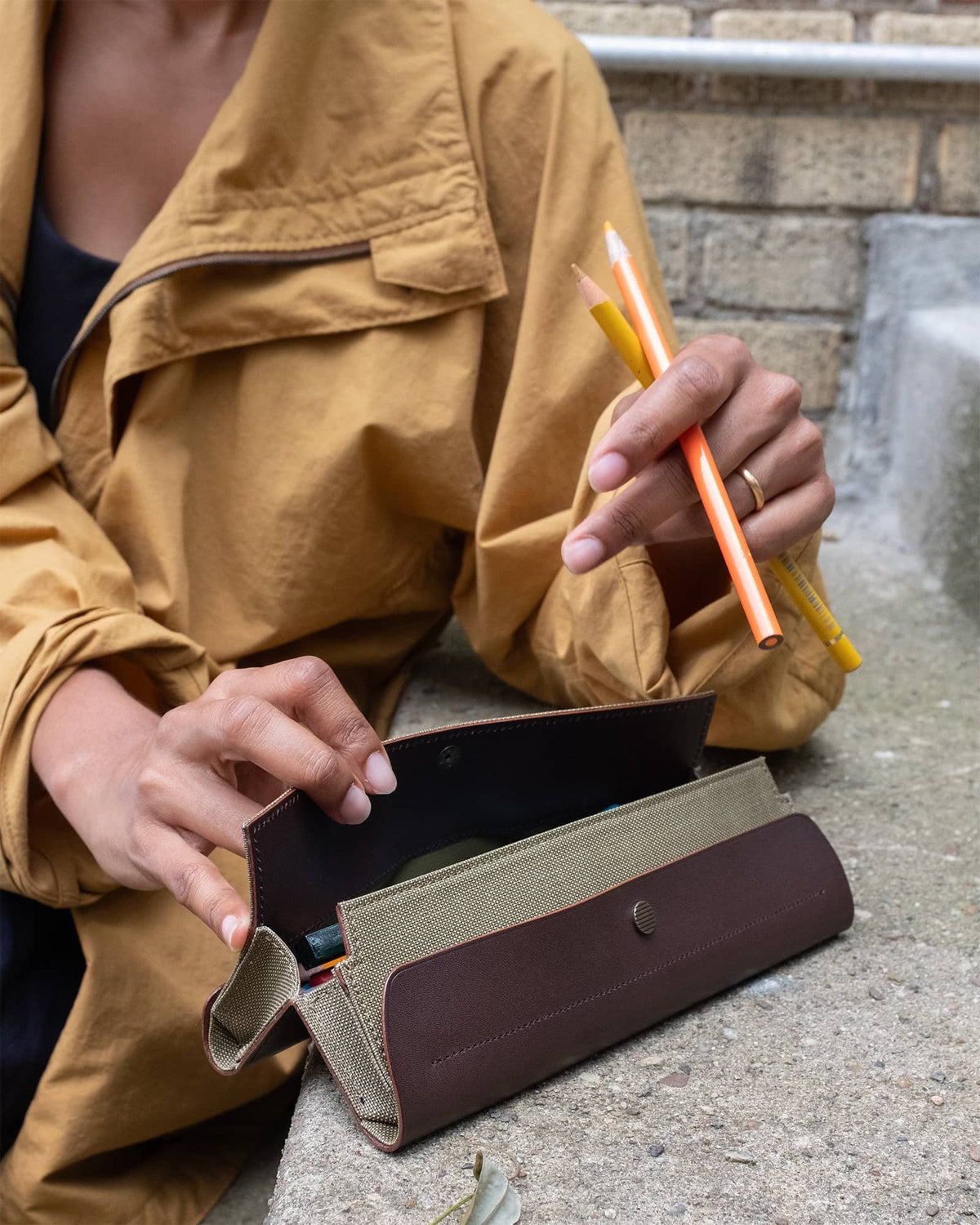 Postalco Tool Box Leather Pen Case - Olive Green - Made in Japan lifestyle