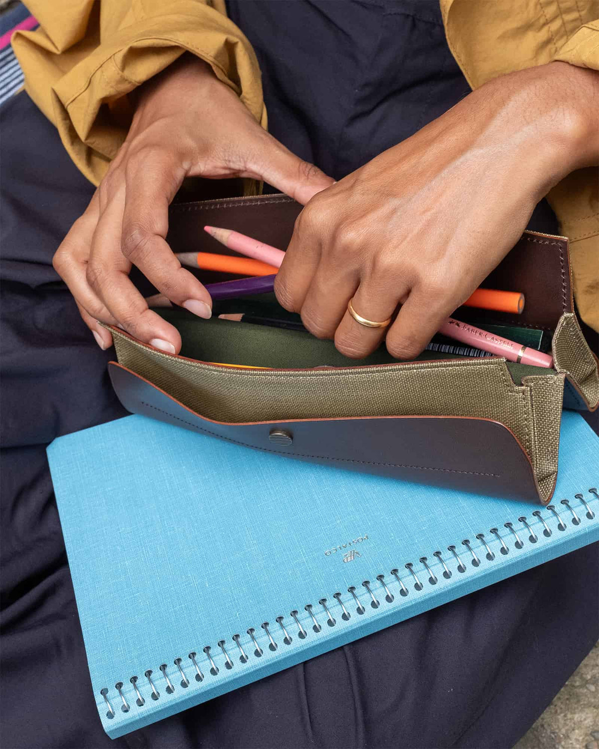 Postalco Tool Box Leather Pen Case - Olive Green - Made in Japan  loading
