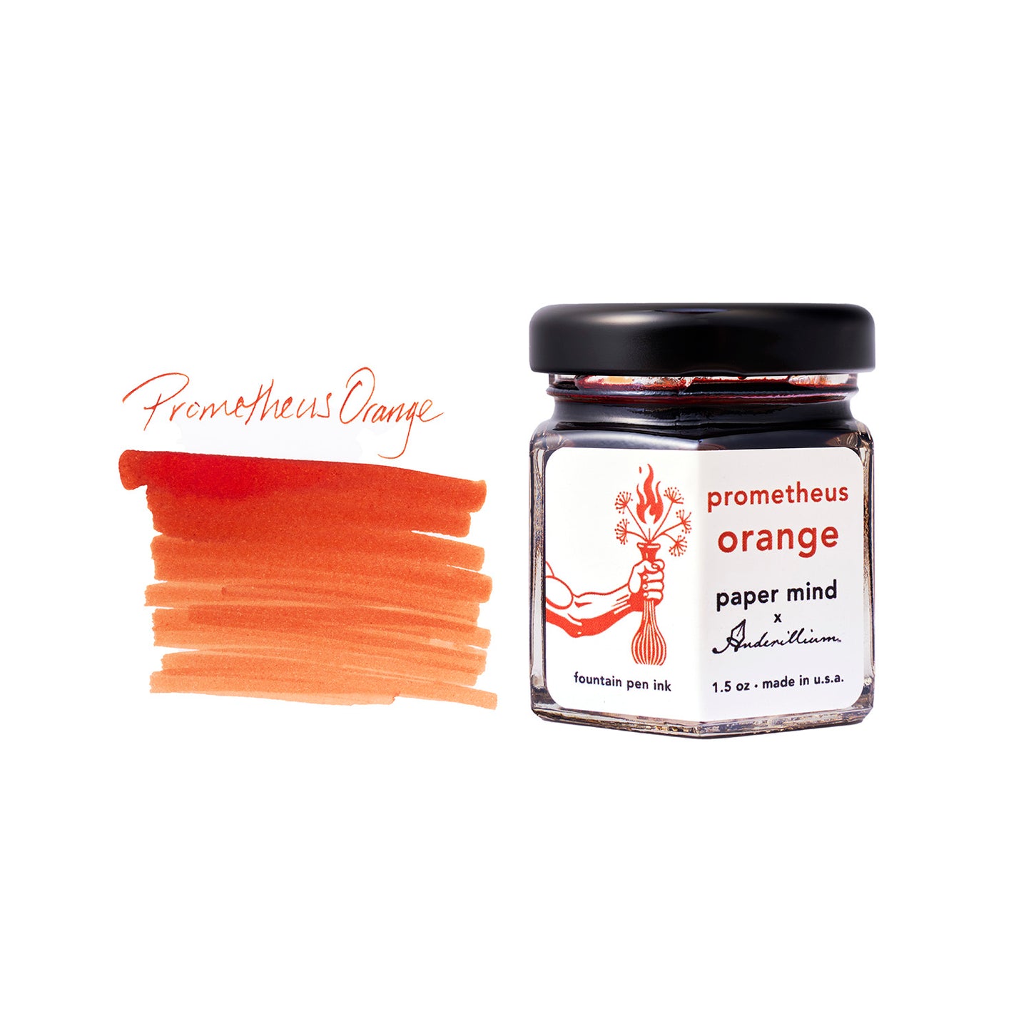 The Paper Mind x Anderillium Fountain Pen Ink 1.5 oz Bottle - Prometheus Orange with sample