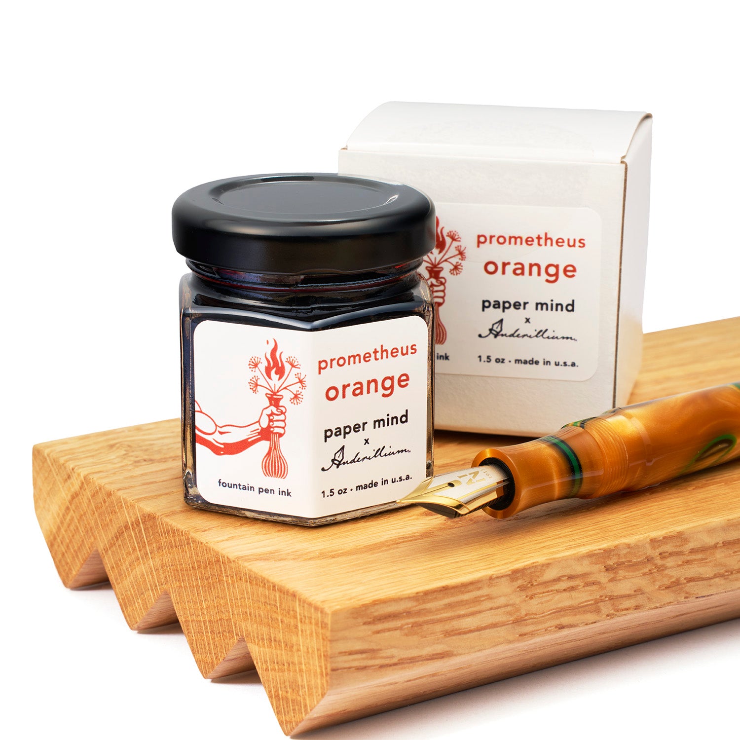 The Paper Mind x Anderillium Fountain Pen Ink 1.5 oz Bottle - Prometheus Orange lifestyle