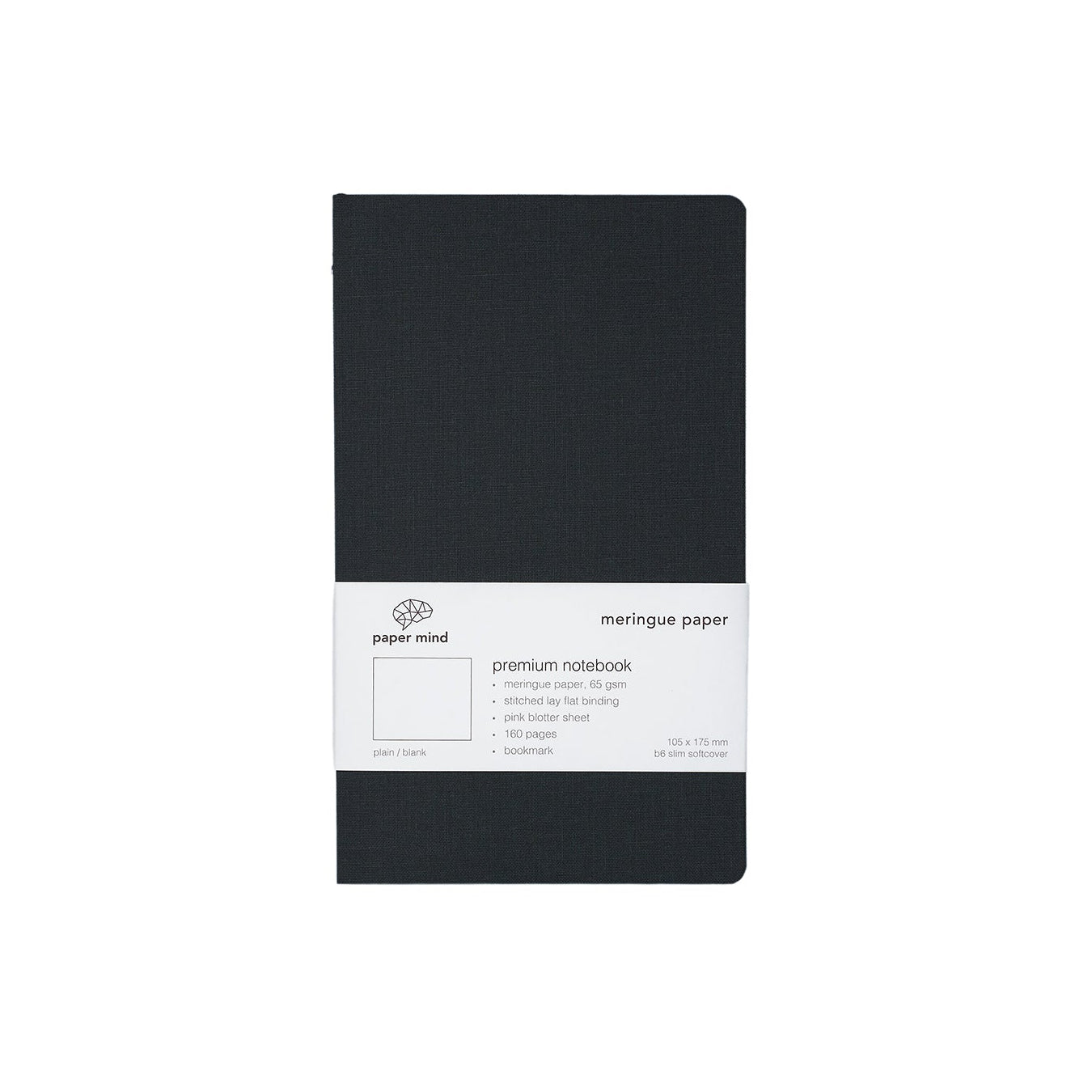 The Paper Mind Meringue Paper Notebook B6 Slim,  Notebook for Fountain Pens, blank plain, black cover white background