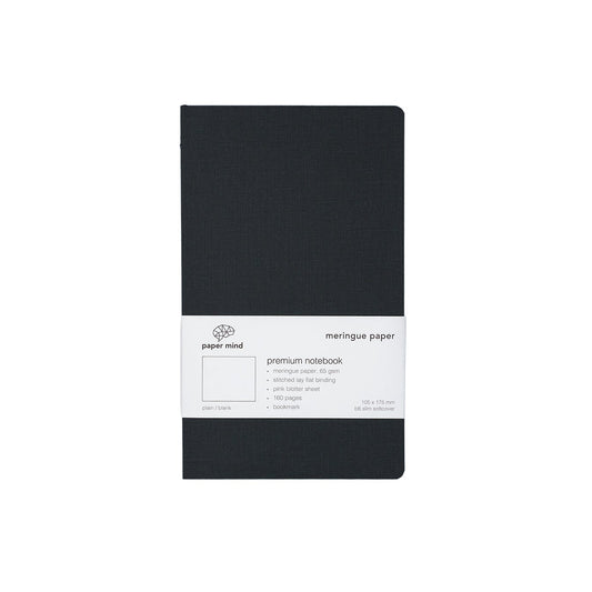 The Paper Mind Meringue Paper Notebook B6 Slim,  Notebook for Fountain Pens, blank plain, black cover white background