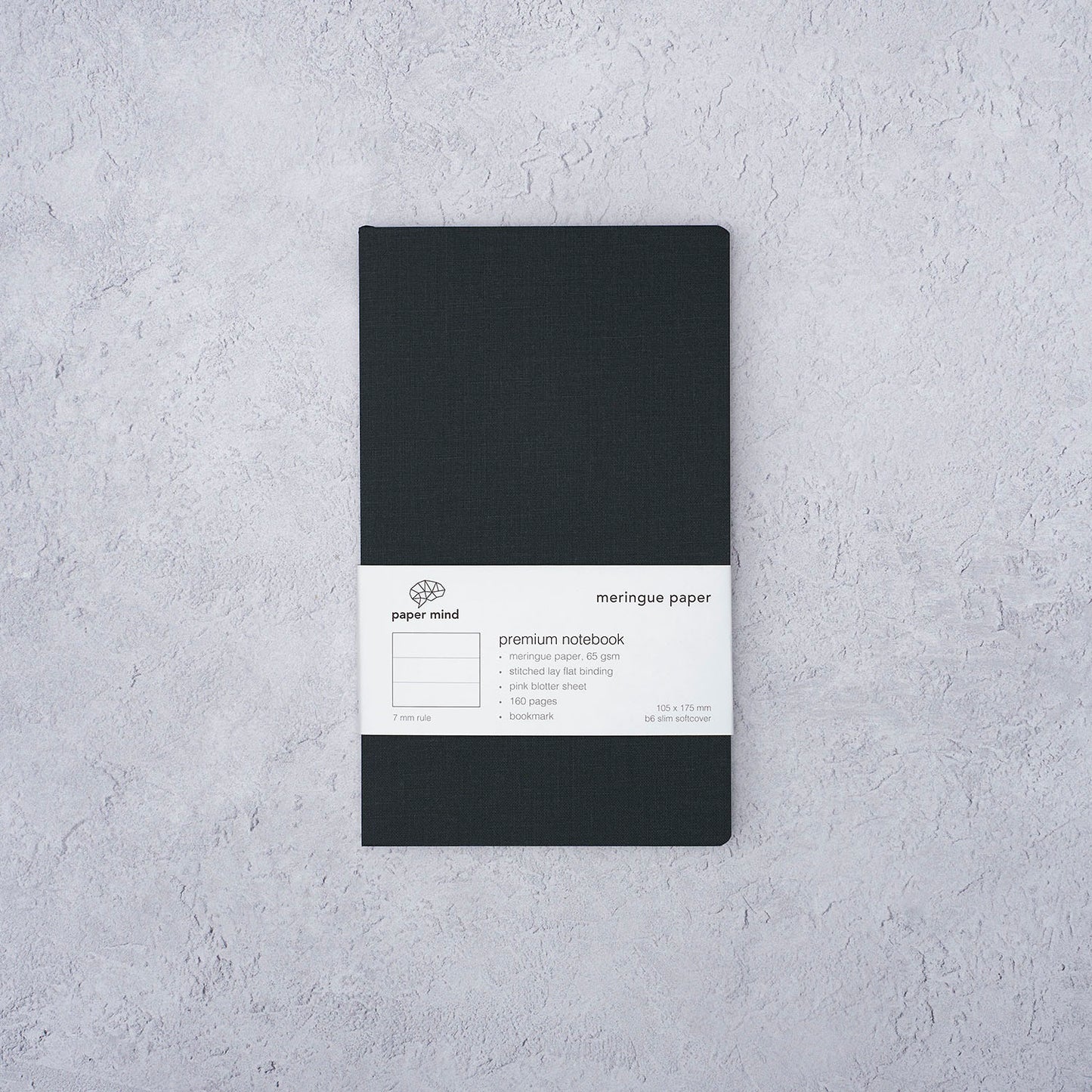 The Paper Mind Meringue Paper Notebook B6 Slim,  Notebook for Fountain Pens, ruled lined, black cover packaging