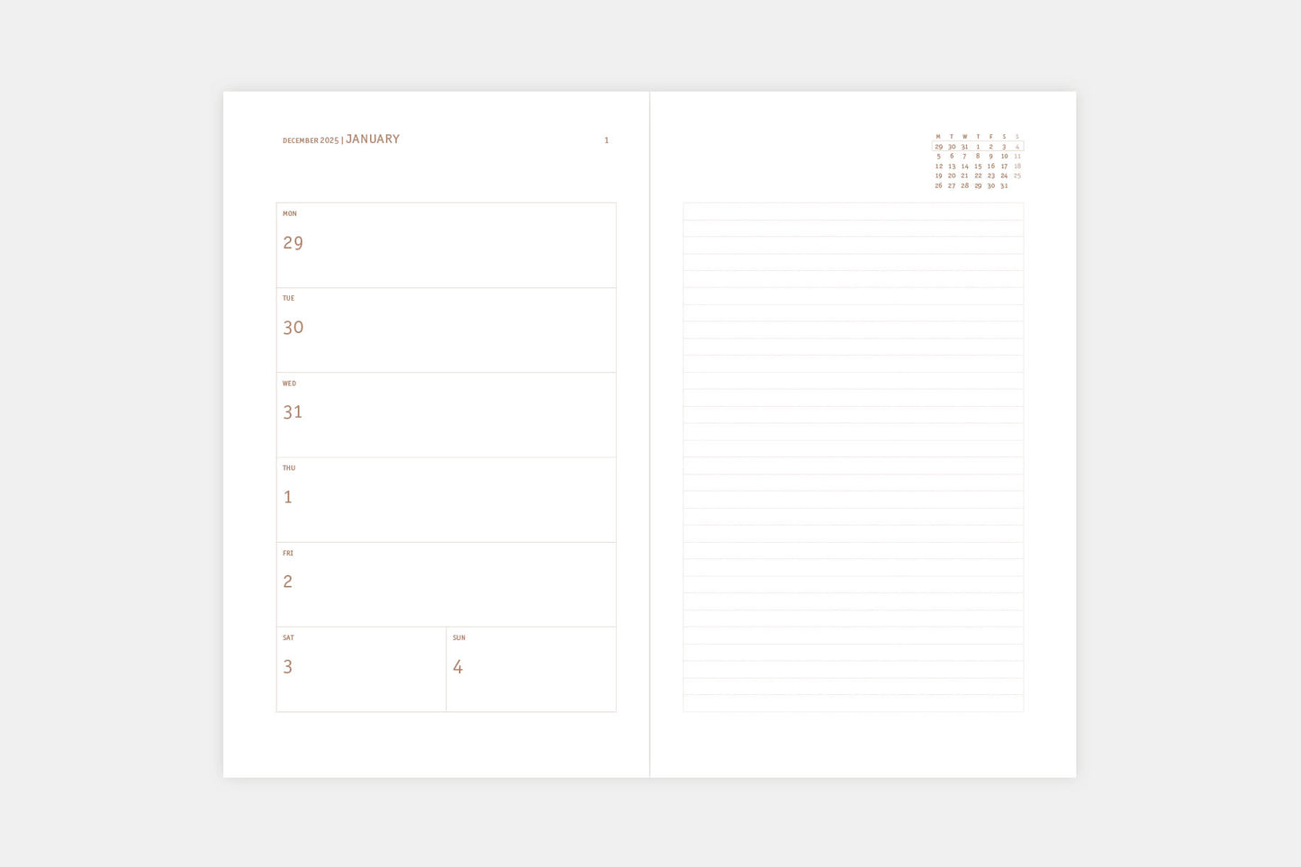 Papierniczeni Copper Light Calendar 2026 Weekly Spread