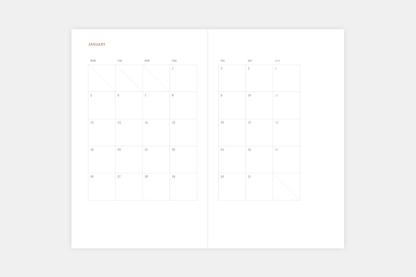 Papierniczeni Copper Light Calendar 2026 Monthly Spread