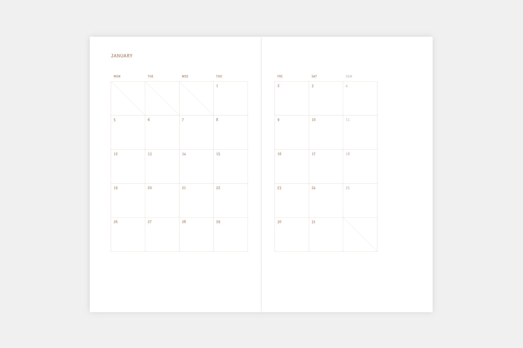 Papierniczeni Copper Light Calendar 2026 Monthly Spread