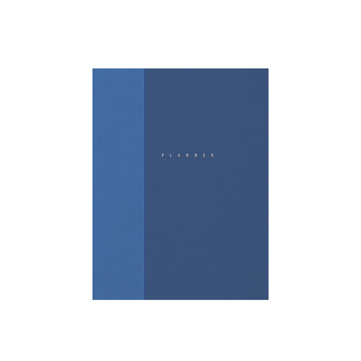 A minimalist planner with a two-tone blue cover, featuring a vertical lighter blue stripe on the left and a darker navy blue cover on the right. The word 'PLANNER' is printed in small white letters near the center. Papierniczeni Klasyk Undated Planner Fountain Pen Friendly sky