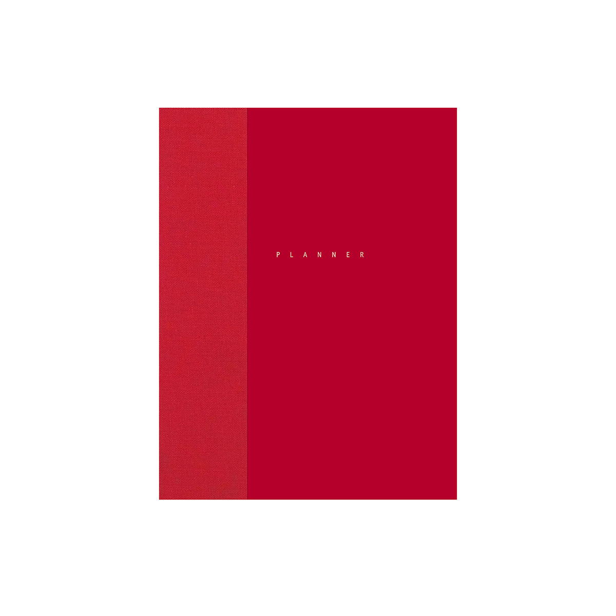 A minimalist planner with a deep red cover, featuring a textured vertical red stripe on the left side and the word 'PLANNER' printed in small gold letters near the center, shown against a solid white background. Papierniczeni Klasyk Undated Planner Fountain Pen Friendly Tomato
