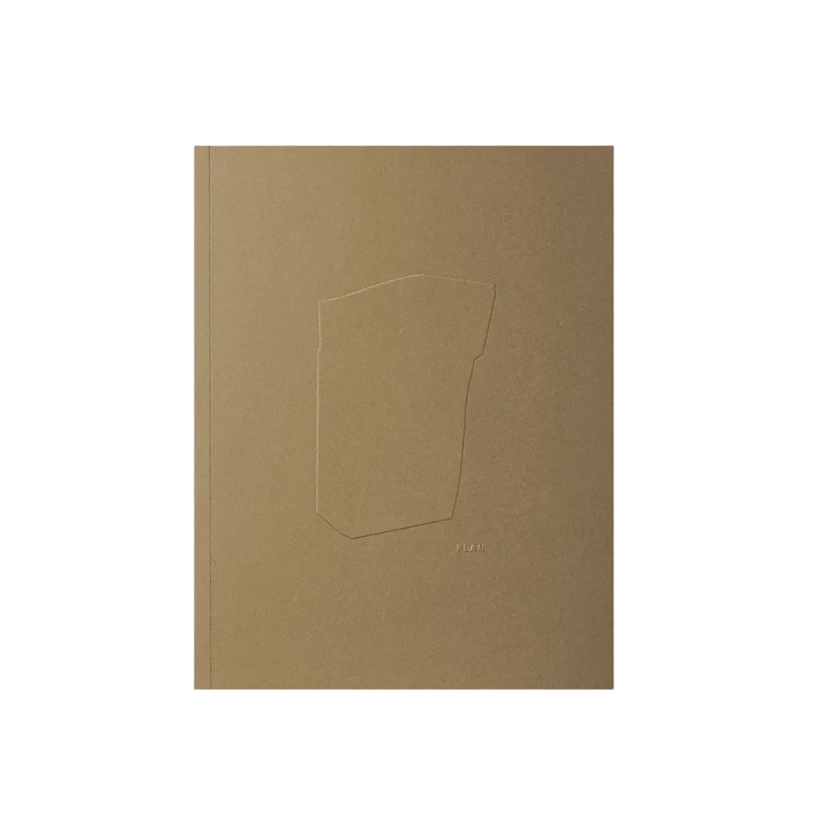 A minimalist square notebook or book cover in a warm taupe-brown color, featuring a subtle embossed outline of a shield-like shape on the front, set against a clean light gray background. Monolit Undated Planner - Fountain Pen Friendly Planner - Sandstone