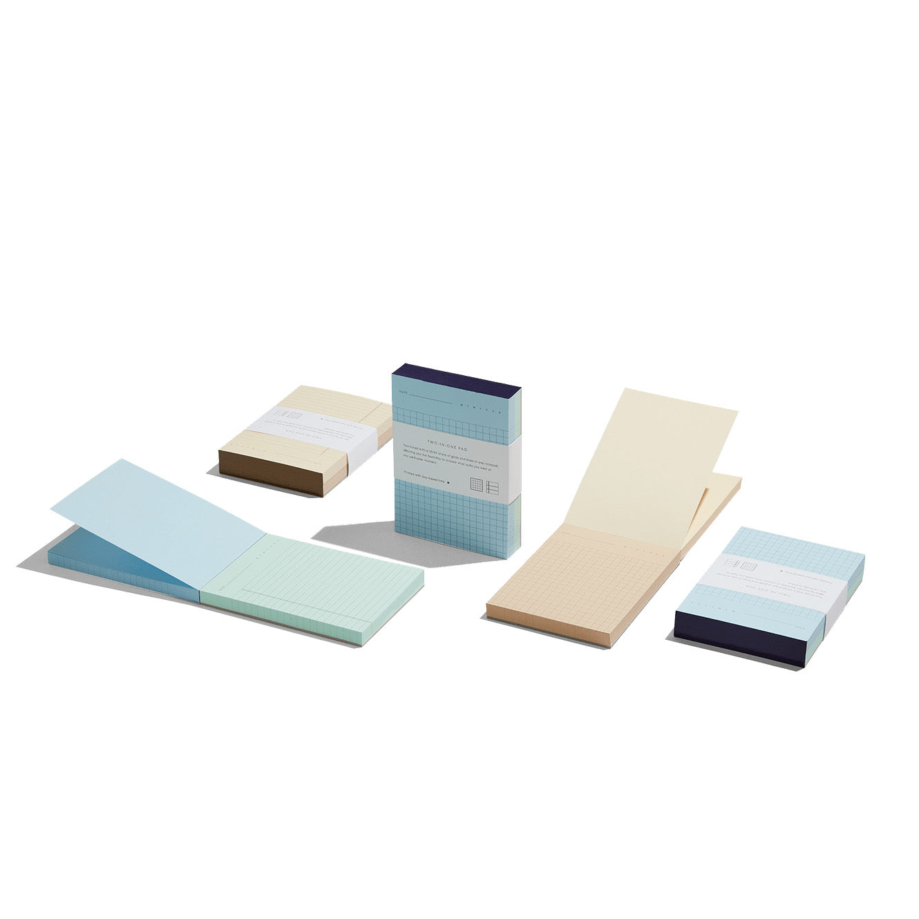 2-in-1 Notepads in Blue and Green and Brown and Cream by Before Breakfast. Grid and ruled sheets. Made in England and fountain pen friendly.
